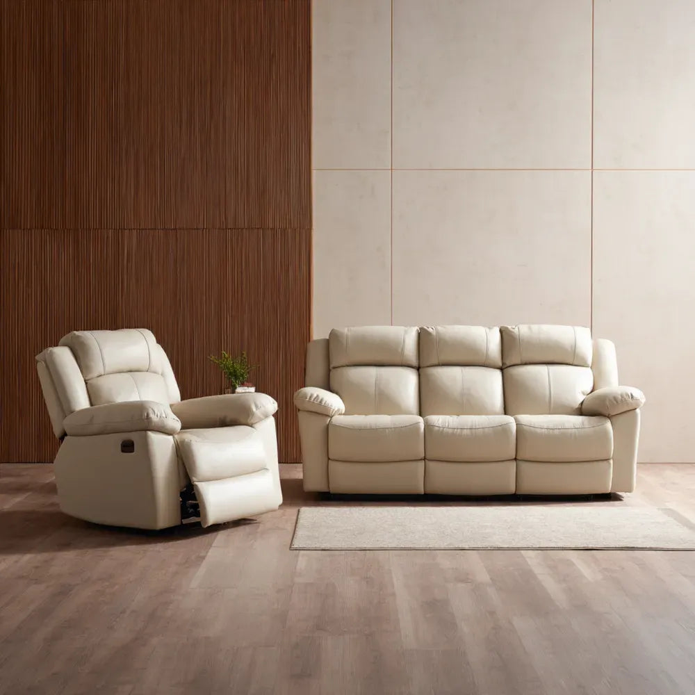 Recliner Sofa Set 100x90x105 cm & 220x90x105 cm Leather Upholstery Beige Modern Design
