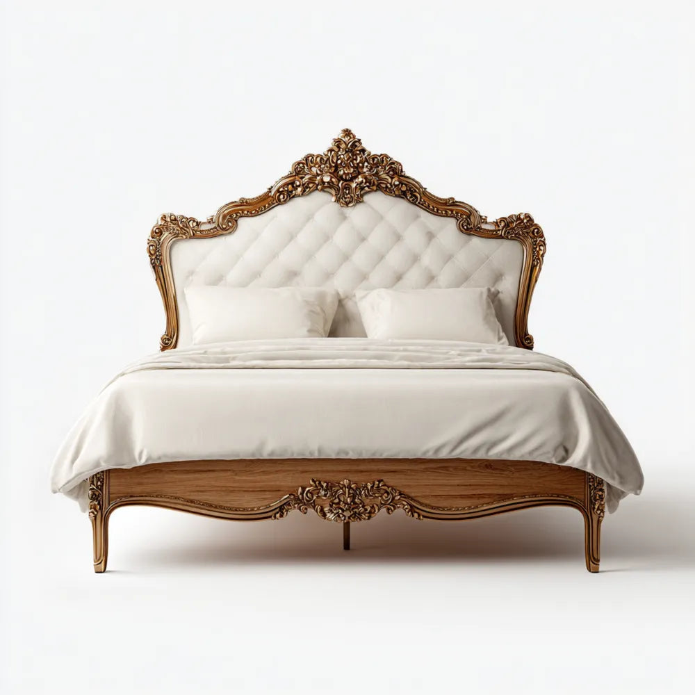 Double Bed 210x160x140 cm Carved Wood Upholstered Headboard - White - Classic Design