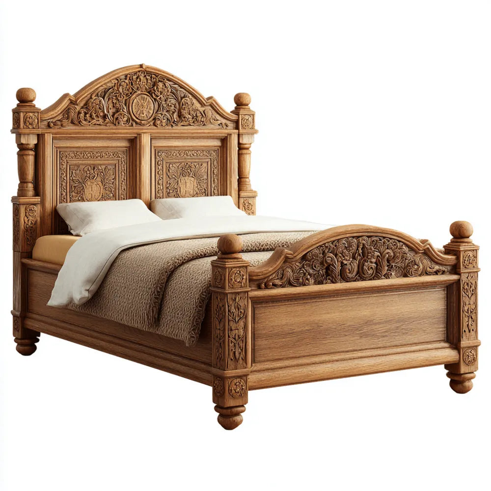 Double Bed - Solid Wood Frame with Intricate Carvings - 200x160x140 cm - Vintage Style